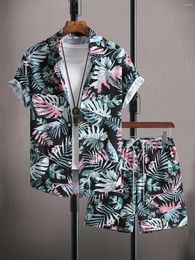 Men's Tracksuits Flower Hawaiian Floral Printed 2 Piece Outfit Sets Short Sleeve Beach Casual Button Down Shirt And Shorts Set Suits