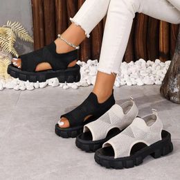 Dress Shoes Women's Sandals 2024 Summer Platform Knitted Fish-mouth High Heels Flying Weave Slope Heel Thick Sole Sports