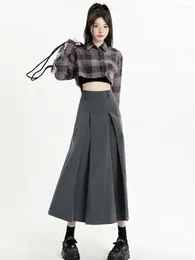 Skirts Pleated Grey Skirt Women's Spring And Summer High Waist Casual Draped A- Line Large Swing Knee Suit Long