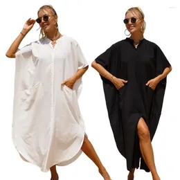 Women Bathing Suit Cover Up Shirt Beach Bikinis Swimsuit Coverups Side Slit Beachwears Buttons Down Dress