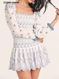 Romantic Puff Sleeve Embroidery White Blue Floral Body Elastic Ruched Mini Dress Woman Low Waist Ruffles Hem Holiday Robe 240426