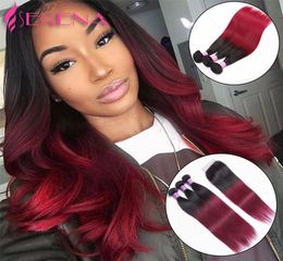 Mink Brazilian Virgin Hair Straight Hair Weaves With Closure 1b 99J Burgundy Ombre Lace Closure With Bundles Ombre Two Tone Human 1963959