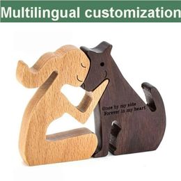 Free Engraving DIY Name Sentence Family Puppy Wood Dog Figurine Table Ornament Carving Model Office Decoration Pet Sculpture 240426