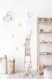 Cute Watercolour Bunny on the Stairs Stars Clouds Removable Wall Decals Nursery Art Stickers Posters PVC Girls Bedroom Home Decor 22739238