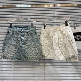 Skirts PREPOMP 2024 Spring Summer Collection Embroidered Mesh Patchwork Short Slim Denim Skirt Women GP540