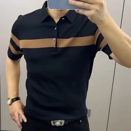 Summer Patchwork Polo Shirt Korean Trend Contrast Button Stripes Light Luxury Slim Casual Fashion Versatile Short Sleeve Tshirt 240430