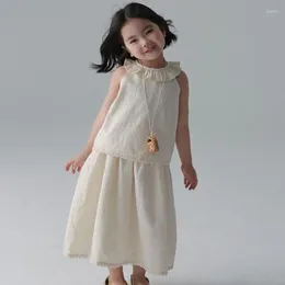 Clothing Sets 2024 Girls 2 Pcs Set Lace Shirt Skirts Summer Cotton Fashion Kids Suits 2-8 Years WW855