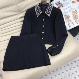 Work Dresses Heavy Industry Nail Diamond Lapel 2 Piece Sets Runway Single Breasted Short Slim Jacket Sweet High Waist Bag Hip Skirt Girls