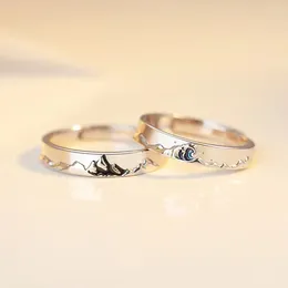 Cluster Rings 2024 Fashion Couple Silver Colour Personality Mountain And Sea Adjustable Love Anniversary Gift Design Paired Ring