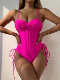 Women's Swimwear Sexy Drawstring Side One Piece Swimsuit 2024 Women Pink Padded Hollow Out Backless High Waist Beach Bathing Suits