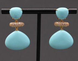 GuaiGuai Jewellery Blue Turquoises Triangle Water Shape Dangle CZ Beads Wedding Studs Earrings Handmade For Lady5888966