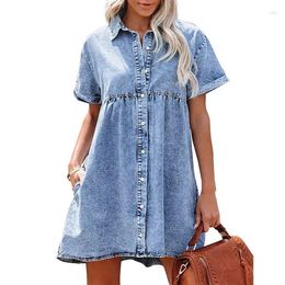 Casual Dresses Cotton Denim Dress Women Shirt Jeans Turn Down Collar Single Breasted A Line Blue Vestidos Loose Y2k 2024