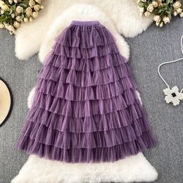 Skirts Chic Cake Longskirts For Women 2024 Sweet French Style Autumn Mesh Ruffles Patchwork Womens A-line Skirt Female Dropship