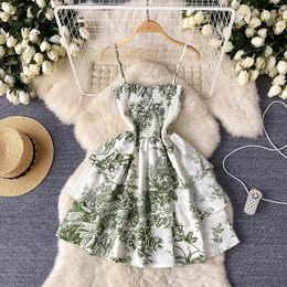 Casual Dresses Chic Vintage Ruffle Pleated Slip Dress Elegant Fashion Fairy High Waist A-line Vestidos Summer Women Sweet