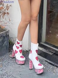 Boots Sexy Platform Sheer Pink Heart Rose Block Heel Fashion With Heightened Women's Shoes High Heeled Mid-barrel
