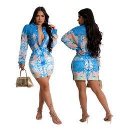 T1079 European American Women's Two Piece Dress new denim print slim casual shirt skirt suit