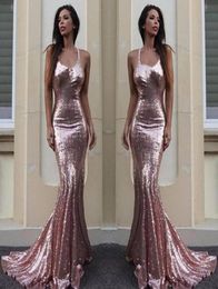 Rose Gold Mermaid Evening Dresses 2020 Sexy Halter Sequins Long Prom Dresses Formal Party Wear Cheap Robe de Soiree7441754