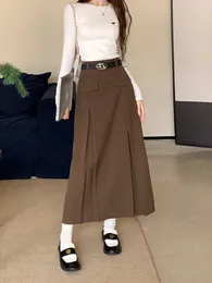 Skirts Korean Vintage Brown High Waist Slim Suit Pleated Women 2024 Spring Autumn Black With Belt A Line Party Long Skirt Casual