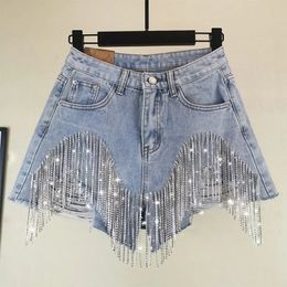 Summer Ripped Jeans Short Femme High Waist Diamond Tassel Y2k Casual Bottoms For Ladies Denim Shorts Women Clothing Fashion 240425