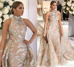 2019 New High Neck Prom Dresses Sleeveless Gold Appliqued with Detachable Train Pageant Gown Formal Evening Dress Plus Size7810529