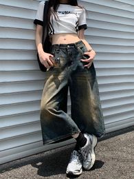 Women's Jeans QWEEK Vintage Baggy Y2K Jorts Women Streetwear Wide Leg Knee Length Harajuku Casual Oversize Washed Denim Shorts Summer