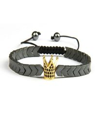 Cz Crown Men Bracelets Whole Micro Pave Black Cz Gold Crown Macrame Bracelet with Hematite Stone Beads Gift For Men6936264