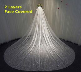 Two Layers Bling Bridal Veil Long Sparkly Glittering White Champagne Cathedral Sequins Blusher FaceCovered Veil With Comb X07262232535