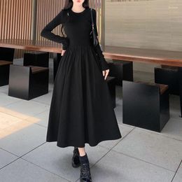 Casual Dresses Black Knitted Hollow Round Neck Long-sleeved Dress Female Spring And Fall Korean Design Loose Large Size Temperament