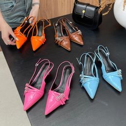 Dress Shoes Orange Ladie Pumps Pink High Heels Sexy Pointed Toe Slingback Women Belt Buckle Low Heel Summer Office Blue