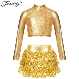 Clothing Sets Kids Girls Shiny Metallic Sequins Latin Dance Costume Jazz Hip Hop Outfift Long Sleeve Crop Top With Skirt Set Stage Dancewear