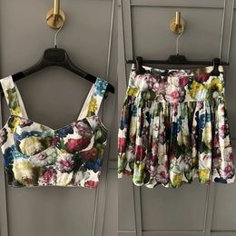 SpringSummer Ink Painting Flower Print Square Neck Suspended Tank TopPleated Skirt Loose mini woman Set of Two 240419