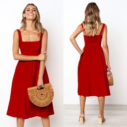 Casual Simple Solid Sundress Women High Waist Sleeveless Slash Neck Midi A-line Dress Oversized White Black Red Long Dresses 240424