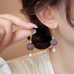 Dangle Chandelier Coloured Flower Pearl Earrings for Women 2024 Korean Fashion Dangle EarringTemperament Purple Jewellery Wholesale Female
