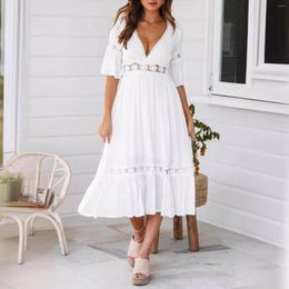 Casual Dresses Lace Splice White Party Women 2024 Summer Dance Wear A-Line Midi Elegant Dress Sexy Deep V Neck Chic Vestidos