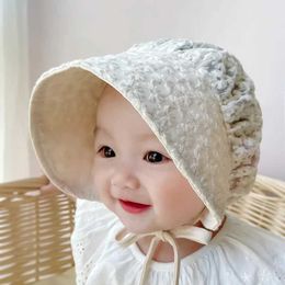 Caps Hats Solid Colour Lace Baby Bucket Hat Spring Autumn Breathable Newborn Caps Outdoor Beach Baby Girls Kids Sun Hats With Rope