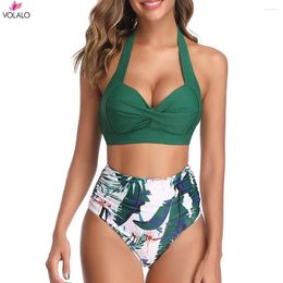 Women's Swimwear VOLALO Lace Up High Waist Bikini Sets Women Sexy Teal And Floral Push Two Pieces Swimsuits 2024 Beach Swimming Suit