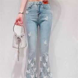 Women's Jeans Design Sense Heavy Industry Diamond Set Split Ragged Edge Summ Loose High Waist 3d Butterfly Slimpant Y2k Clothing