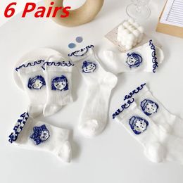 Women Socks 6 Pairs With Ruffle Summer Kawaii Girl Print Mesh Lolita Cute Thin Transparent Sweet Breathable