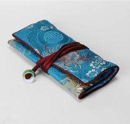 Jade Flower Silk Jewellery Roll 3 Zipper Pouch Drawstring Bags Travel Jewellery Cosmetic Storage Bag Portable Folding Makeup Bag Wom4225441