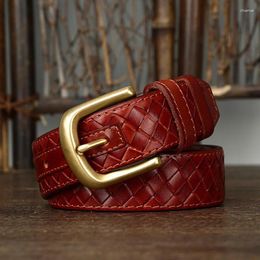 Belts 3.8cm Weaving Cowhide Belt Fashion High Quality Genuine Leather Men Designer Copper Buckle Strap For Male Luxury Retro