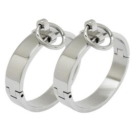 Polished stainless steel lockable slave wrist and ankle cuffs bondage restraints bracelet with removable O ring9736170