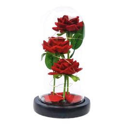 Artificial Eternal Cloth Decorative Flowers Rose LED Light Beauty The Beast In Glass Cover Home Decor For New Year Valentines Chri8864357