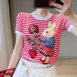 Women's T Shirts Cartoon Embroidery Knit Female Summer O Neck Short Sleeve Knitwear Tees Women Soft Loose Shirt