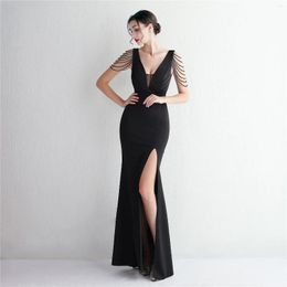 Party Dresses Partysix Candy Colour Women Beading Maxi Dress Bright Black Soft Satin Sexy V Neck Evening Long Bridesmaid Drress