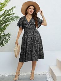 Elegant Black Printed Casual Plus Size Women Long Dresses Summer VNeck Party Short Sleeve ALine Female Large Midi 240420