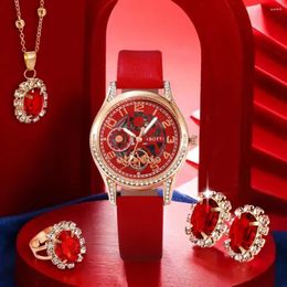 Wristwatches 5PCS Set Women Quartz Watch Imitated Mechanical Design Female Clock Ladies Leather Wrist Montre Femme