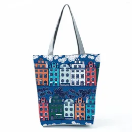 Shoulder Bags Bright Colors Printed Handbag Cartoon House Women Large Capacity Reusable Shopping Bag Casual Beach Custom Pattern