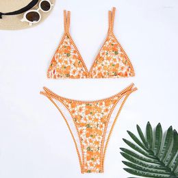 Women's Swimwear Floral Print Dobule Strap Bikini Push Up Set Of 2 Pcs Padded Cute Korean Style Beachwear