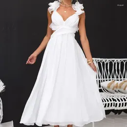 Casual Dresses 2024 Beautiful Floral Shoulder Pleat A-line Dress Women Elegant Backless V-Neck Solid Evening Spring Waist Party