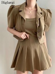 Work Dresses Summer 2 Two Piece Set Women Backless Sexy Fashion Ruffle Pleated Ladies Slip Mini Korean Woman Cropped Blazer Suits